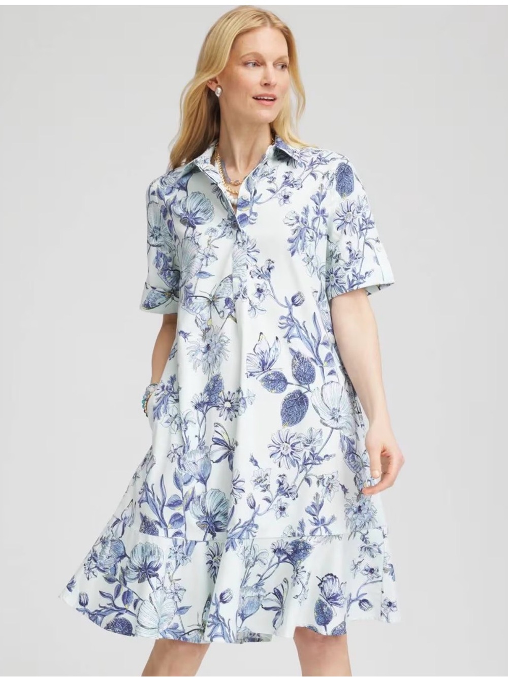 Chico's Poplin Butterfly Print Blue and Navy Floral Collared Midi Dress
